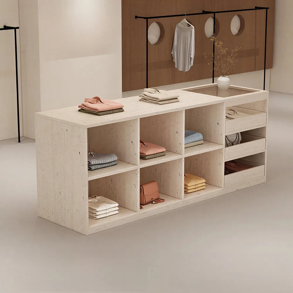 LIVARA 180cm Retail Island Display Counter with Tempered Glass Top and Storage for Boutique & Clothing Store - Travertine
