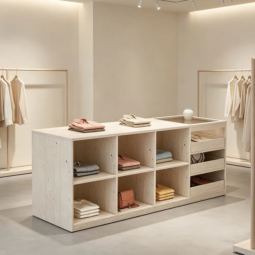 LIVARA 180cm Retail Island Display Counter with Tempered Glass Top and Storage for Boutique & Clothing Store - Travertine