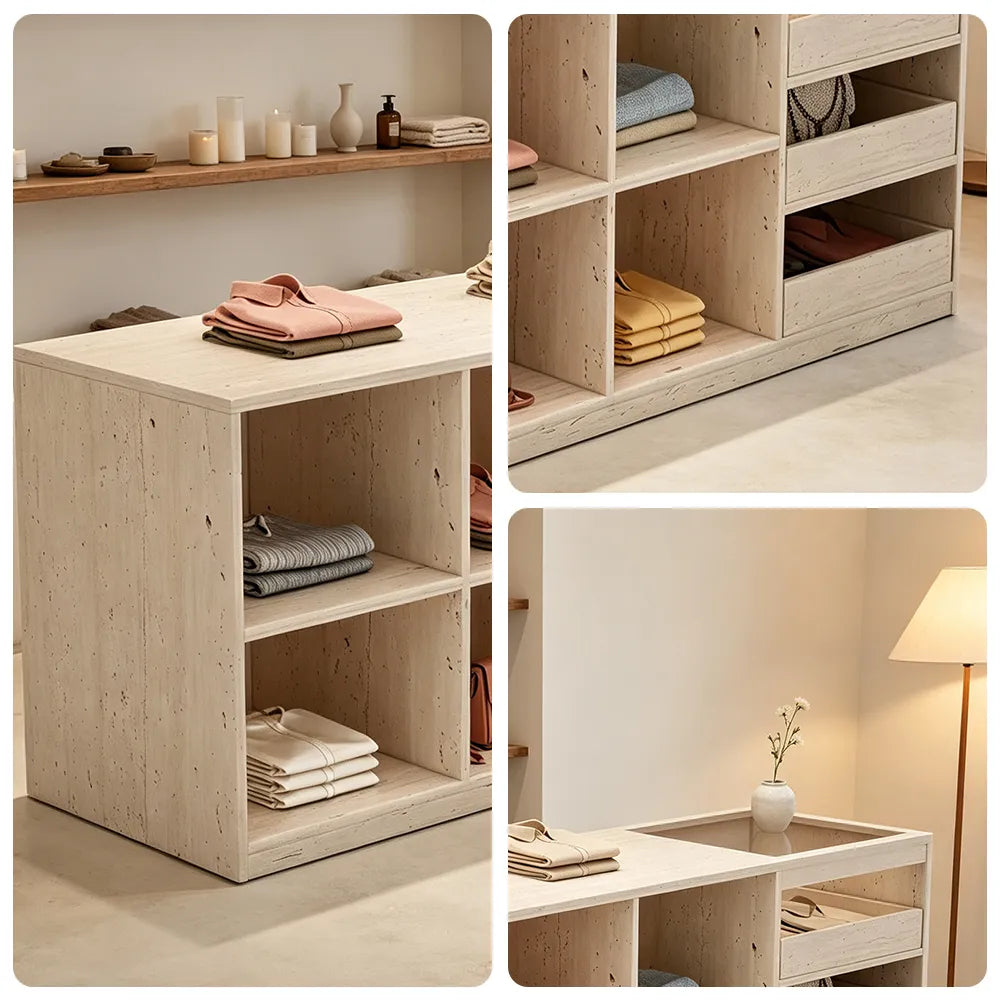 LIVARA 180cm Retail Island Display Counter with Tempered Glass Top and Storage for Boutique & Clothing Store - Travertine