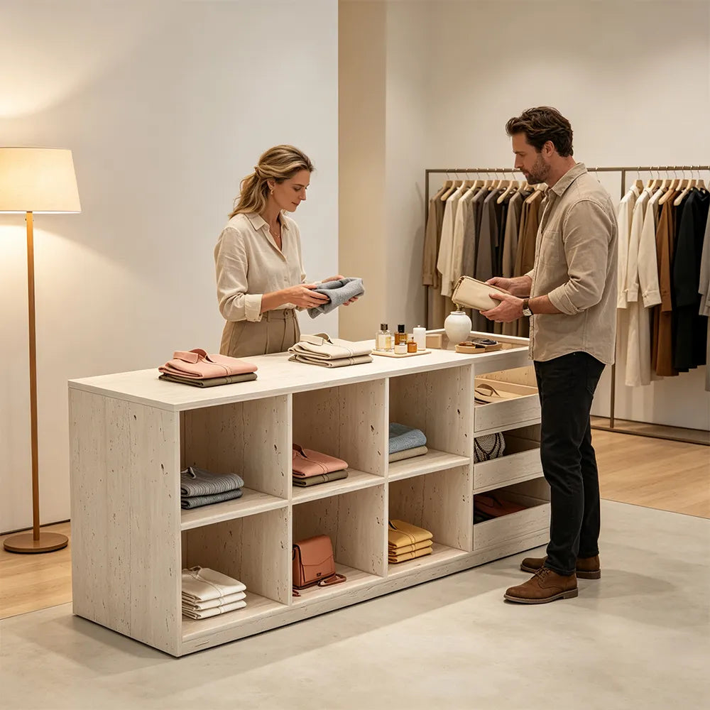 LIVARA 180cm Retail Island Display Counter with Tempered Glass Top and Storage for Boutique & Clothing Store - Travertine