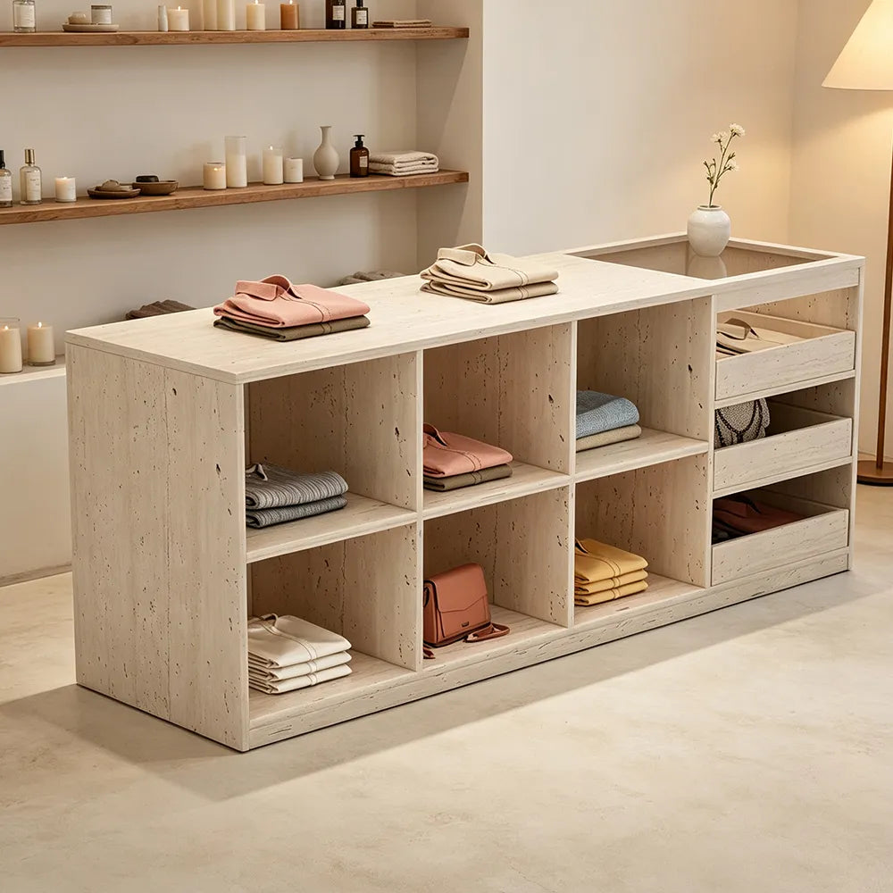 LIVARA 180cm Retail Island Display Counter with Tempered Glass Top and Storage for Boutique & Clothing Store - Travertine