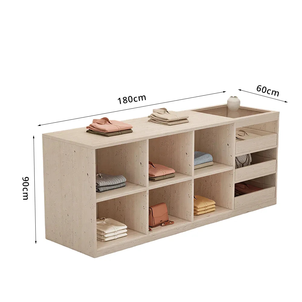LIVARA 180cm Retail Island Display Counter with Tempered Glass Top and Storage for Boutique & Clothing Store - Travertine