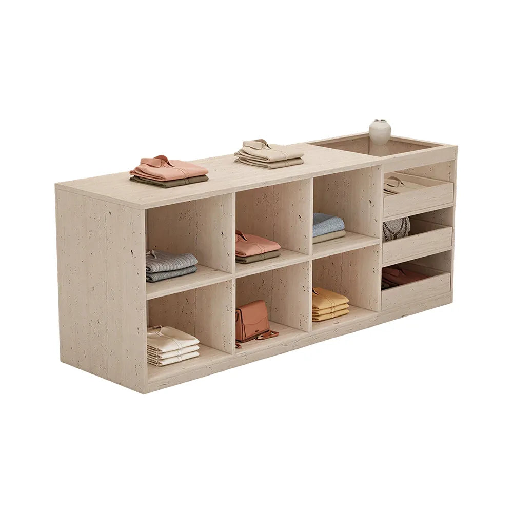 LIVARA 180cm Retail Island Display Counter with Tempered Glass Top and Storage for Boutique & Clothing Store - Travertine