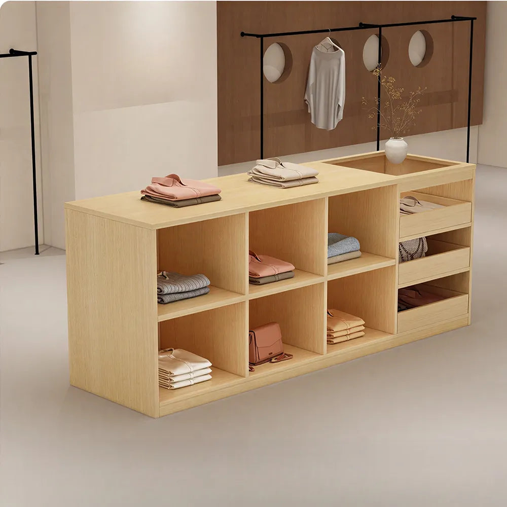 LIVARA 180cm Retail Island Display Counter with Tempered Glass Top and Storage for Boutique & Clothing Store - Wood