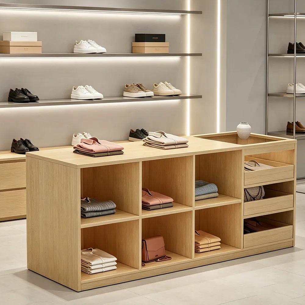 LIVARA 180cm Retail Island Display Counter with Tempered Glass Top and Storage for Boutique & Clothing Store - Wood