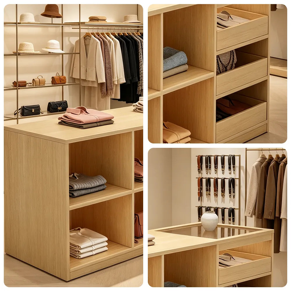 LIVARA 180cm Retail Island Display Counter with Tempered Glass Top and Storage for Boutique & Clothing Store - Wood