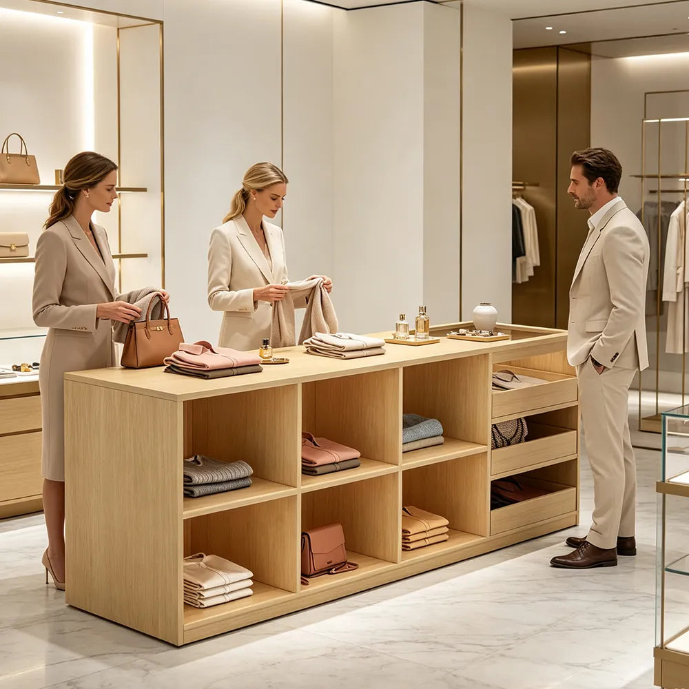 LIVARA 180cm Retail Island Display Counter with Tempered Glass Top and Storage for Boutique & Clothing Store - Wood
