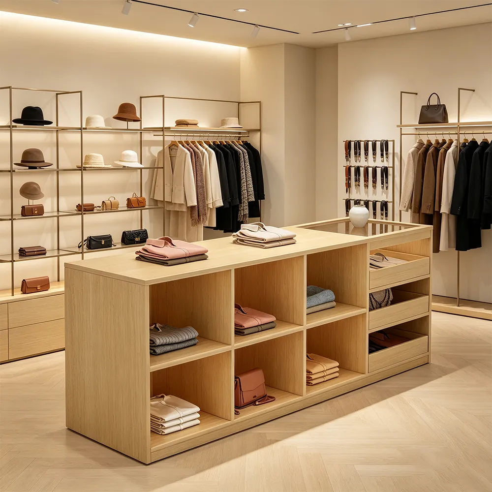 LIVARA 180cm Retail Island Display Counter with Tempered Glass Top and Storage for Boutique & Clothing Store - Wood