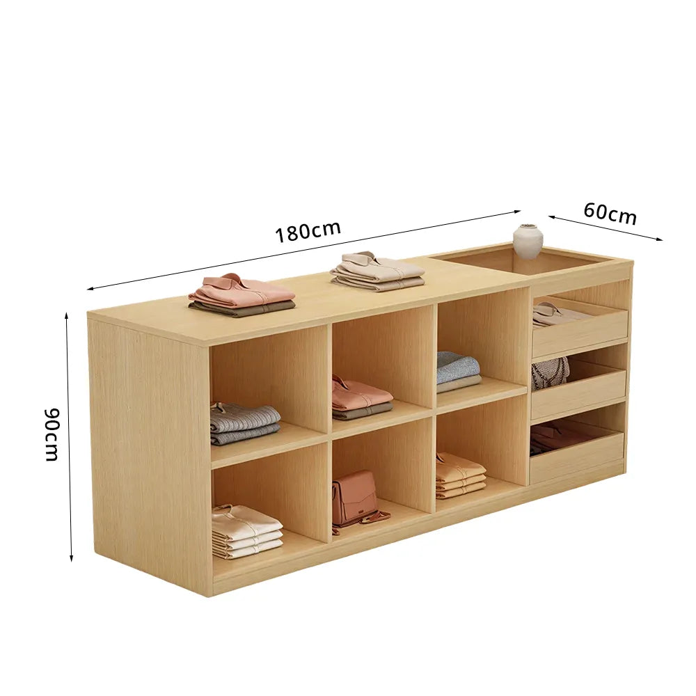 LIVARA 180cm Retail Island Display Counter with Tempered Glass Top and Storage for Boutique & Clothing Store - Wood