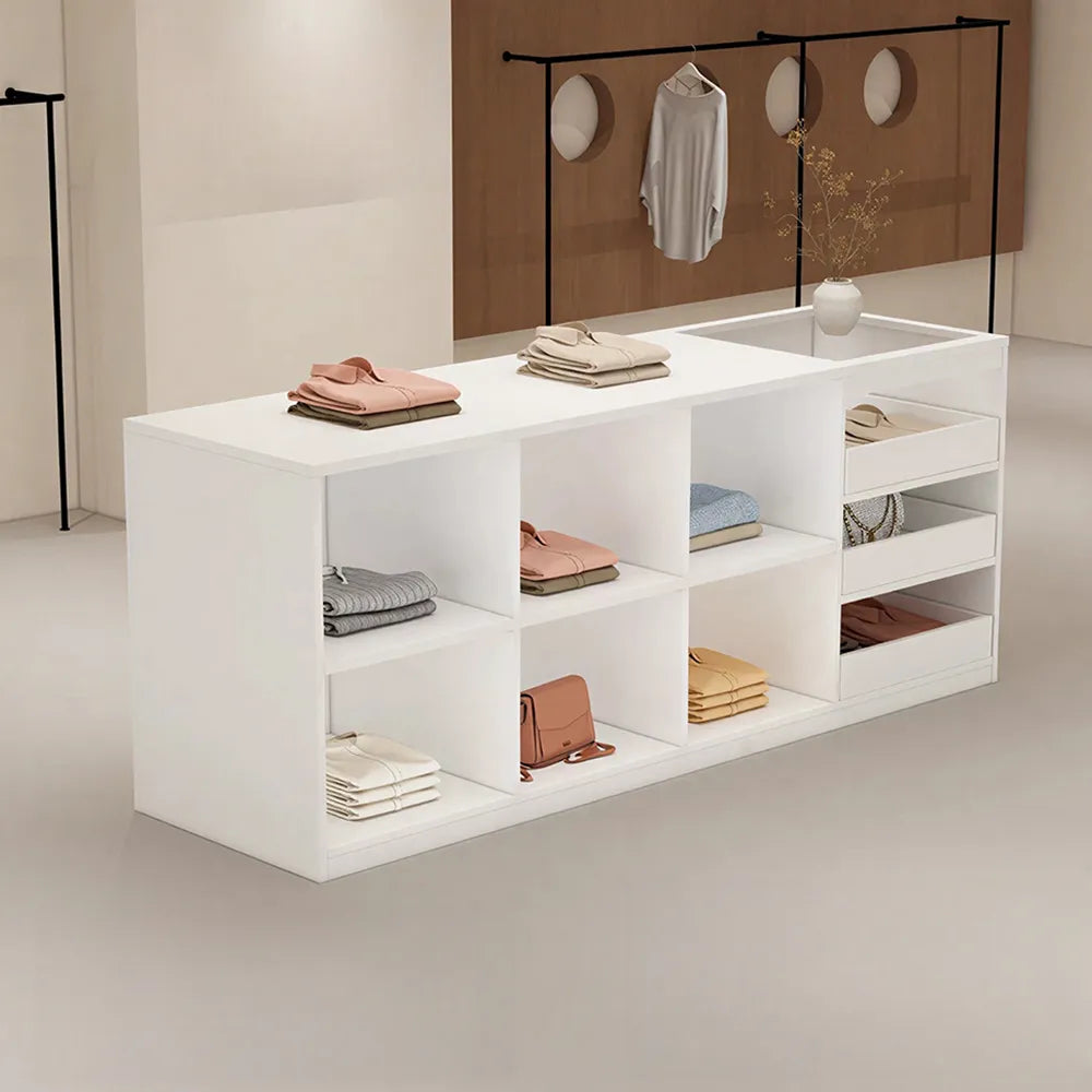 LIVARA 180cm Retail Island Display Counter with Tempered Glass Top and Storage for Boutique & Clothing Store - White