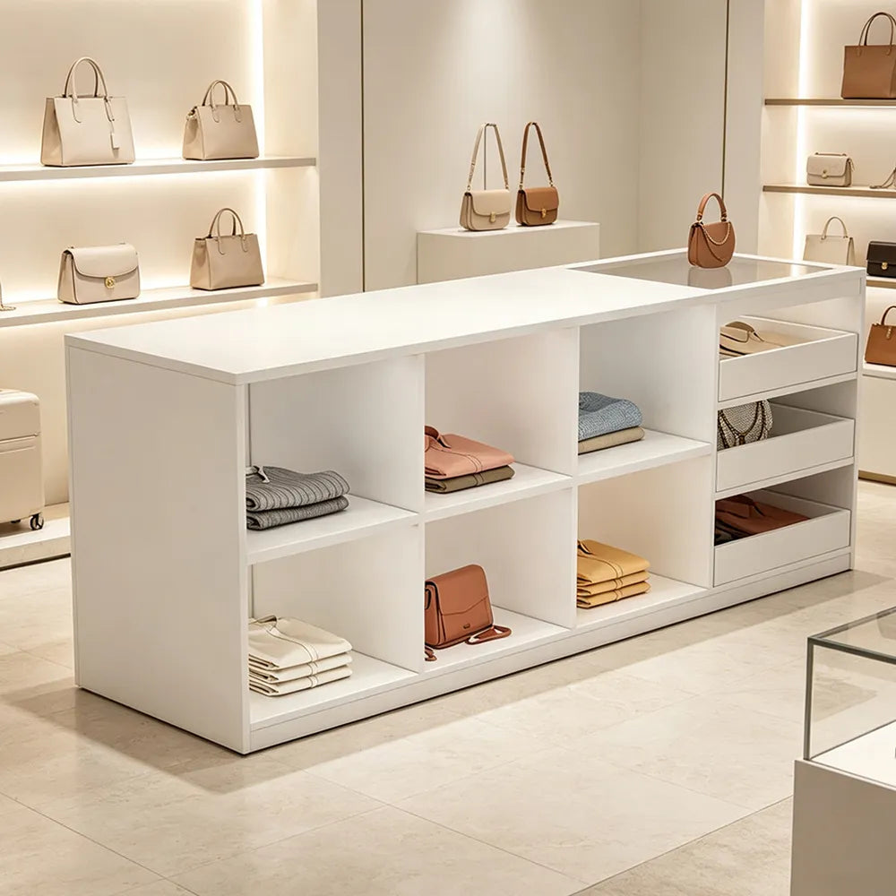 LIVARA 180cm Retail Island Display Counter with Tempered Glass Top and Storage for Boutique & Clothing Store - White