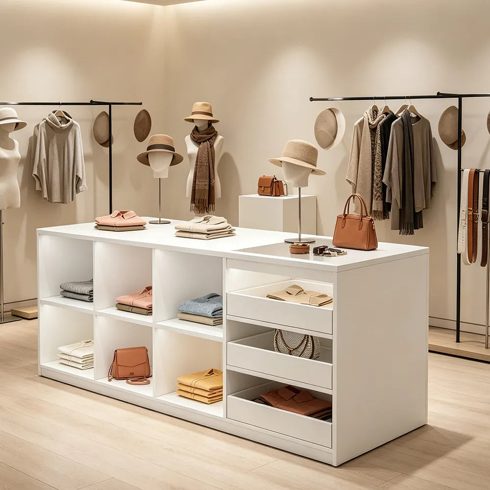 LIVARA 180cm Retail Island Display Counter with Tempered Glass Top and Storage for Boutique & Clothing Store - White