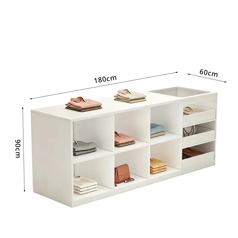 LIVARA 180cm Retail Island Display Counter with Tempered Glass Top and Storage for Boutique & Clothing Store - White