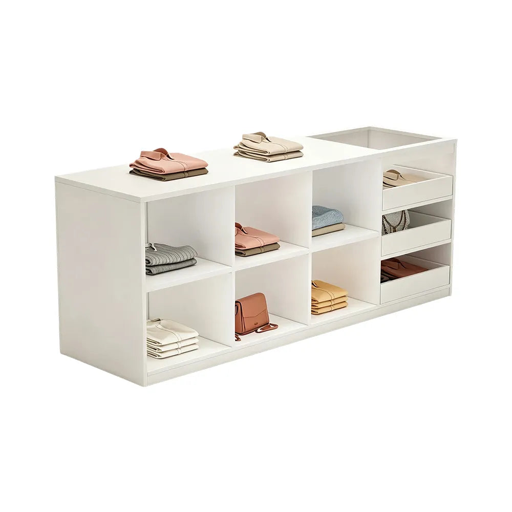 LIVARA 180cm Retail Island Display Counter with Tempered Glass Top and Storage for Boutique & Clothing Store - White