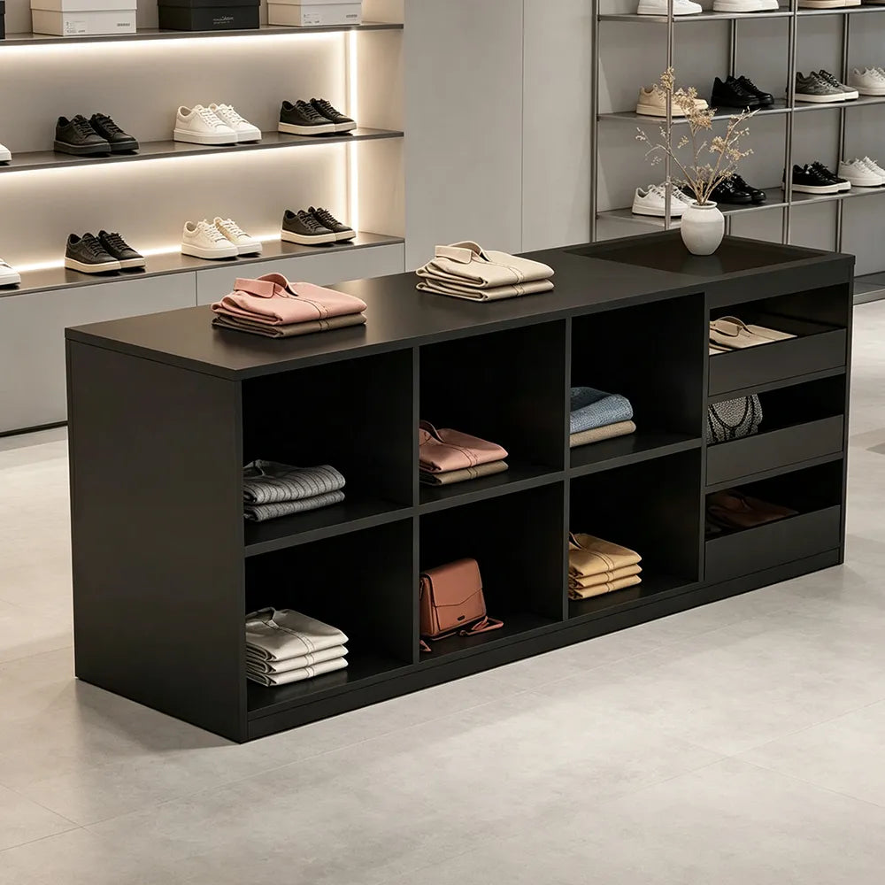 LIVARA 180cm Retail Island Display Counter with Tempered Glass Top and Storage for Boutique & Clothing Store - Black