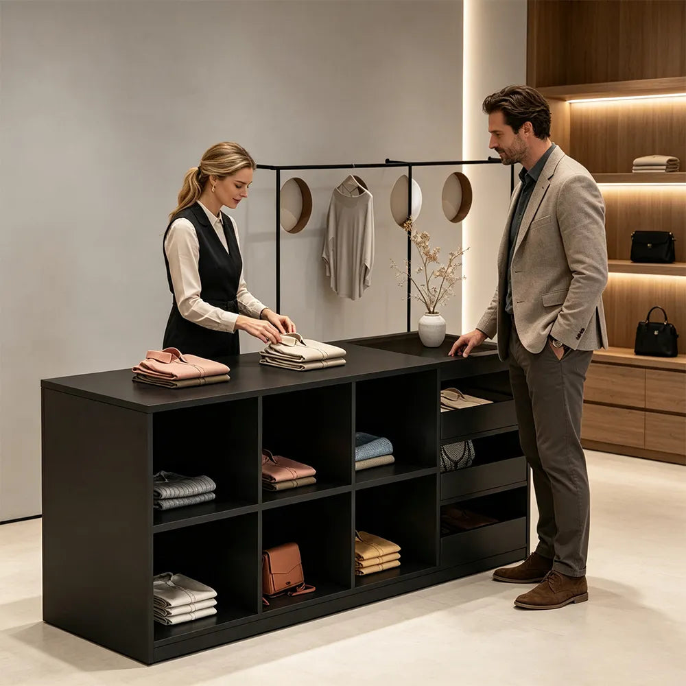 LIVARA 180cm Retail Island Display Counter with Tempered Glass Top and Storage for Boutique & Clothing Store - Black