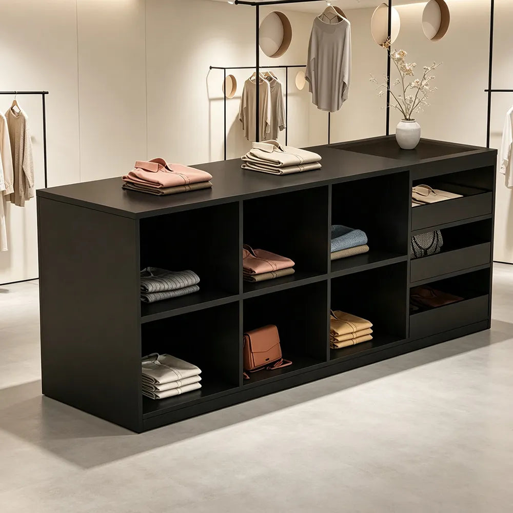 LIVARA 180cm Retail Island Display Counter with Tempered Glass Top and Storage for Boutique & Clothing Store - Black