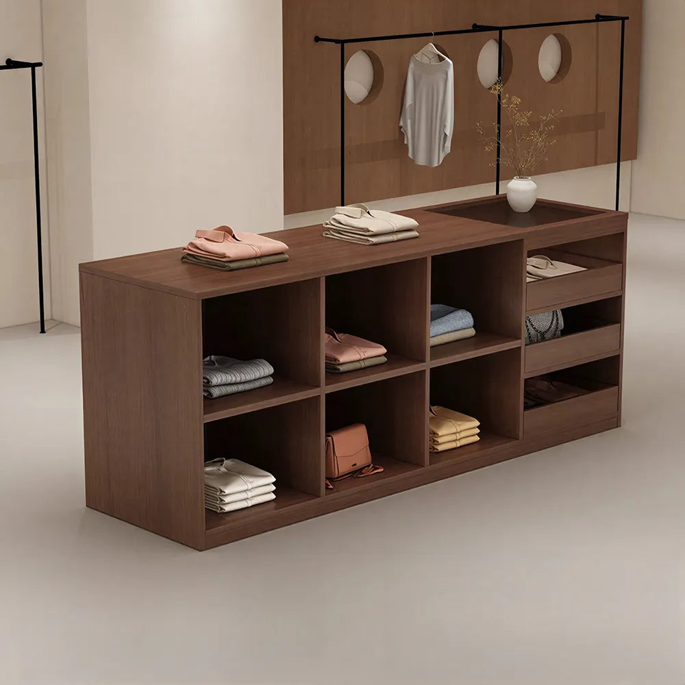 LIVARA 180cm Retail Island Display Counter with Tempered Glass Top and Storage for Boutique & Clothing Store - Walnut