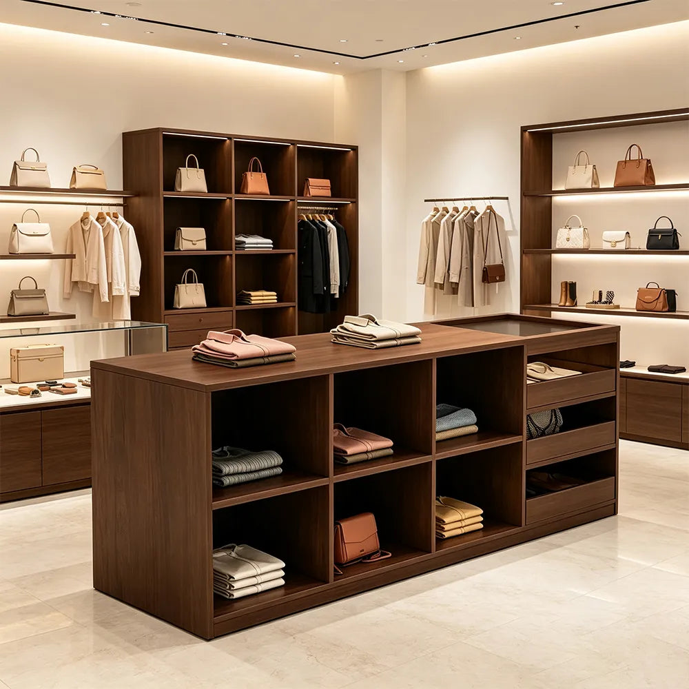 LIVARA 180cm Retail Island Display Counter with Tempered Glass Top and Storage for Boutique & Clothing Store - Walnut