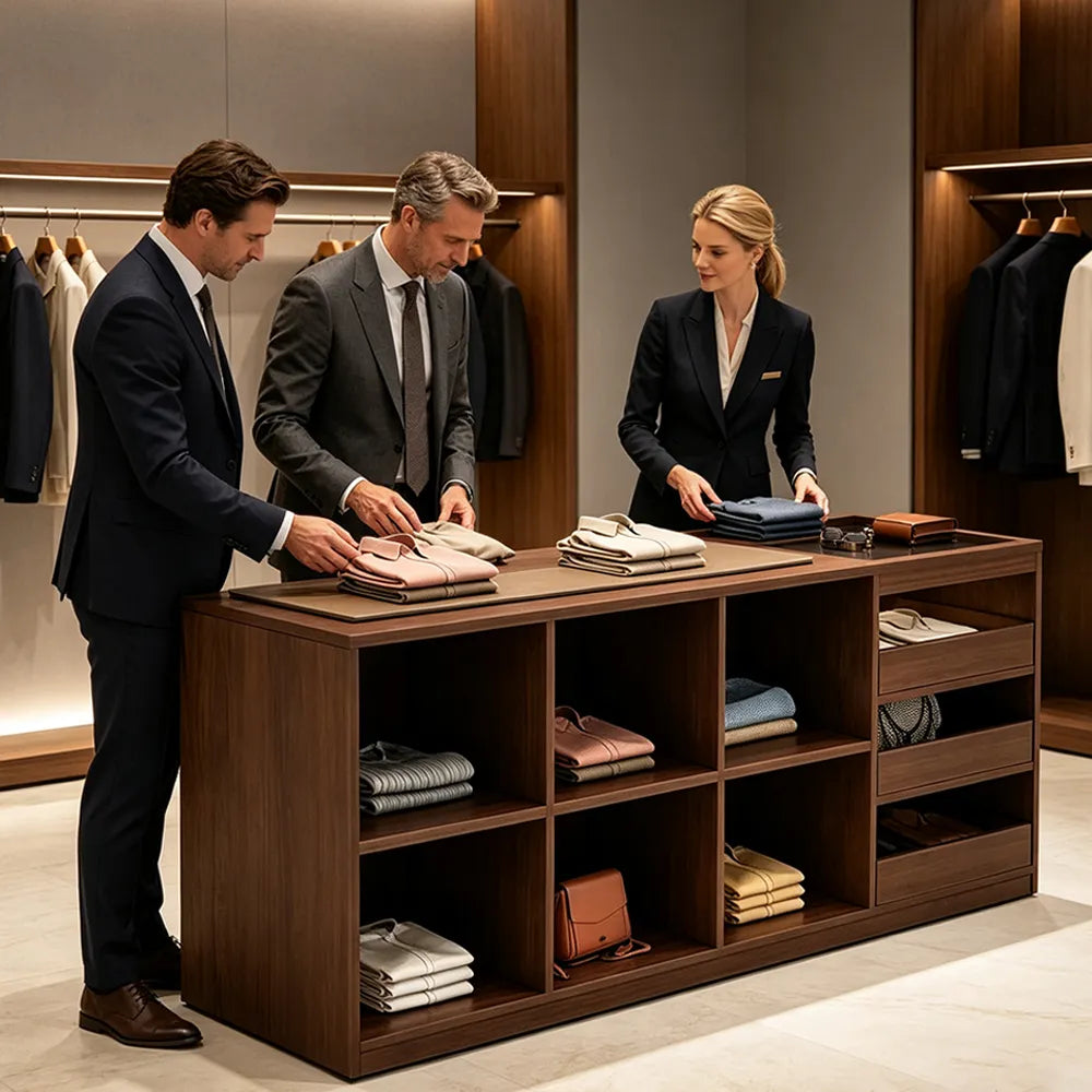 LIVARA 180cm Retail Island Display Counter with Tempered Glass Top and Storage for Boutique & Clothing Store - Walnut