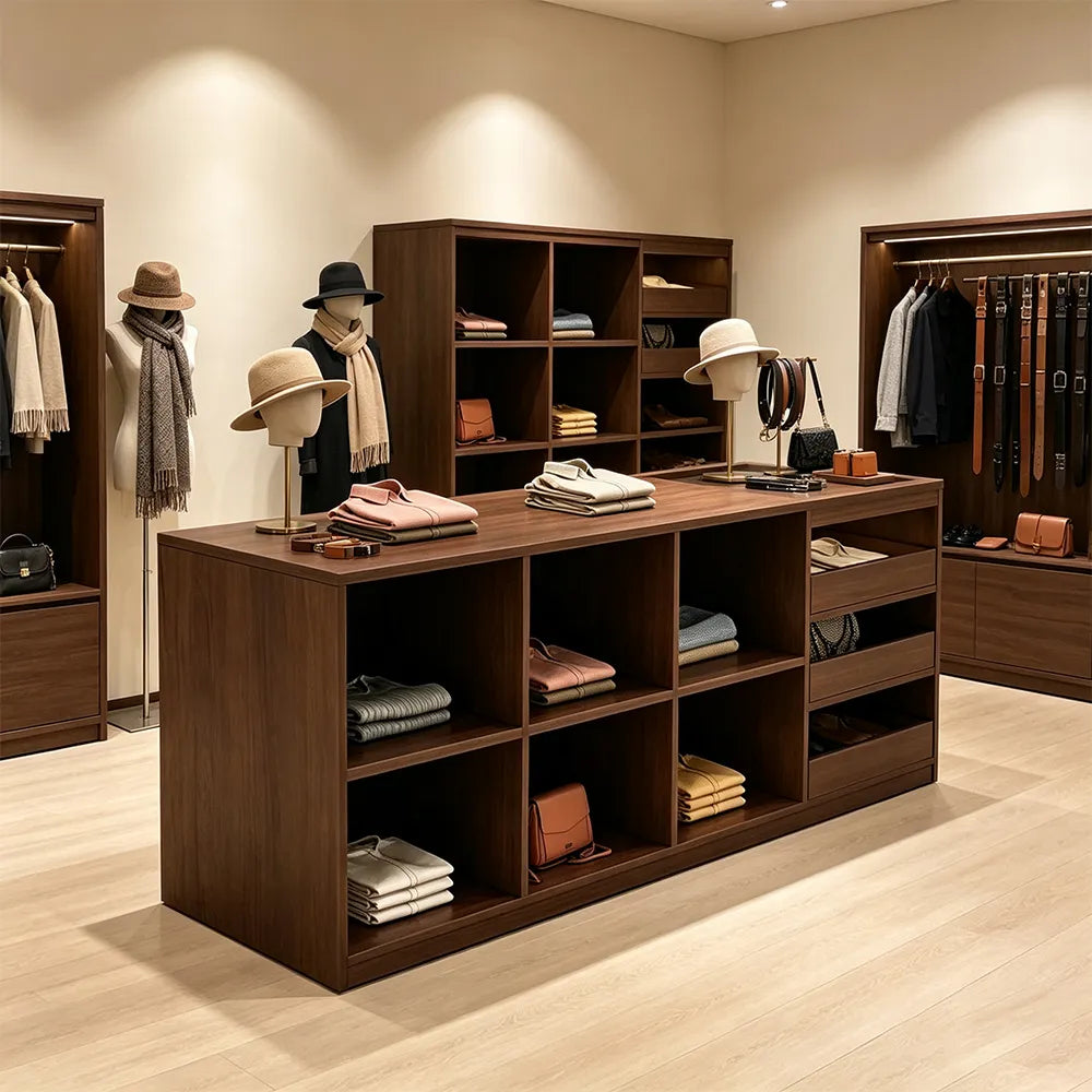 LIVARA 180cm Retail Island Display Counter with Tempered Glass Top and Storage for Boutique & Clothing Store - Walnut