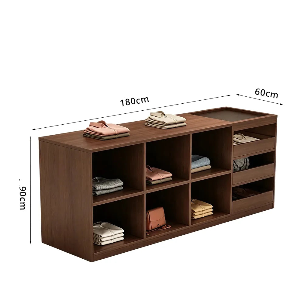 LIVARA 180cm Retail Island Display Counter with Tempered Glass Top and Storage for Boutique & Clothing Store - Walnut
