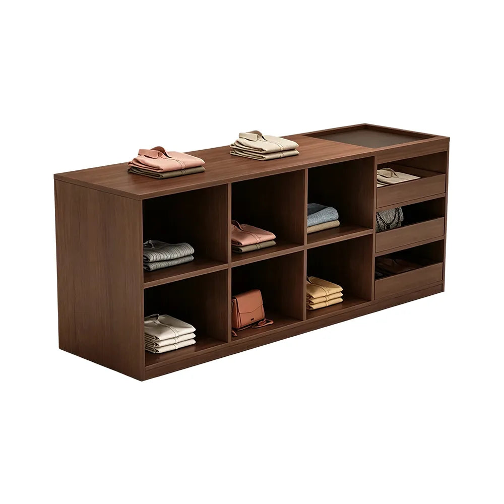 LIVARA 180cm Retail Island Display Counter with Tempered Glass Top and Storage for Boutique & Clothing Store - Walnut