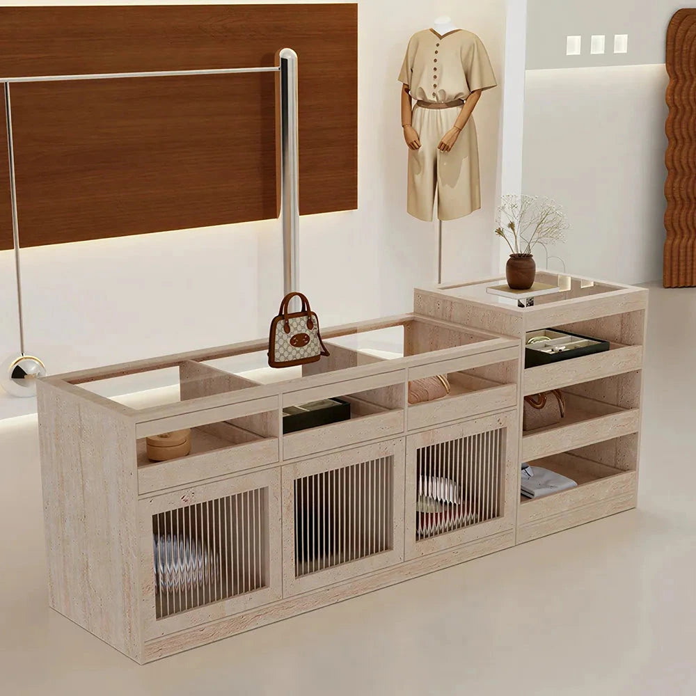 LIVARA 120/180cm Retail Island Display Cabinet with Tempered Glass and Deep Storage for Boutique & Clothing Store - Travertine