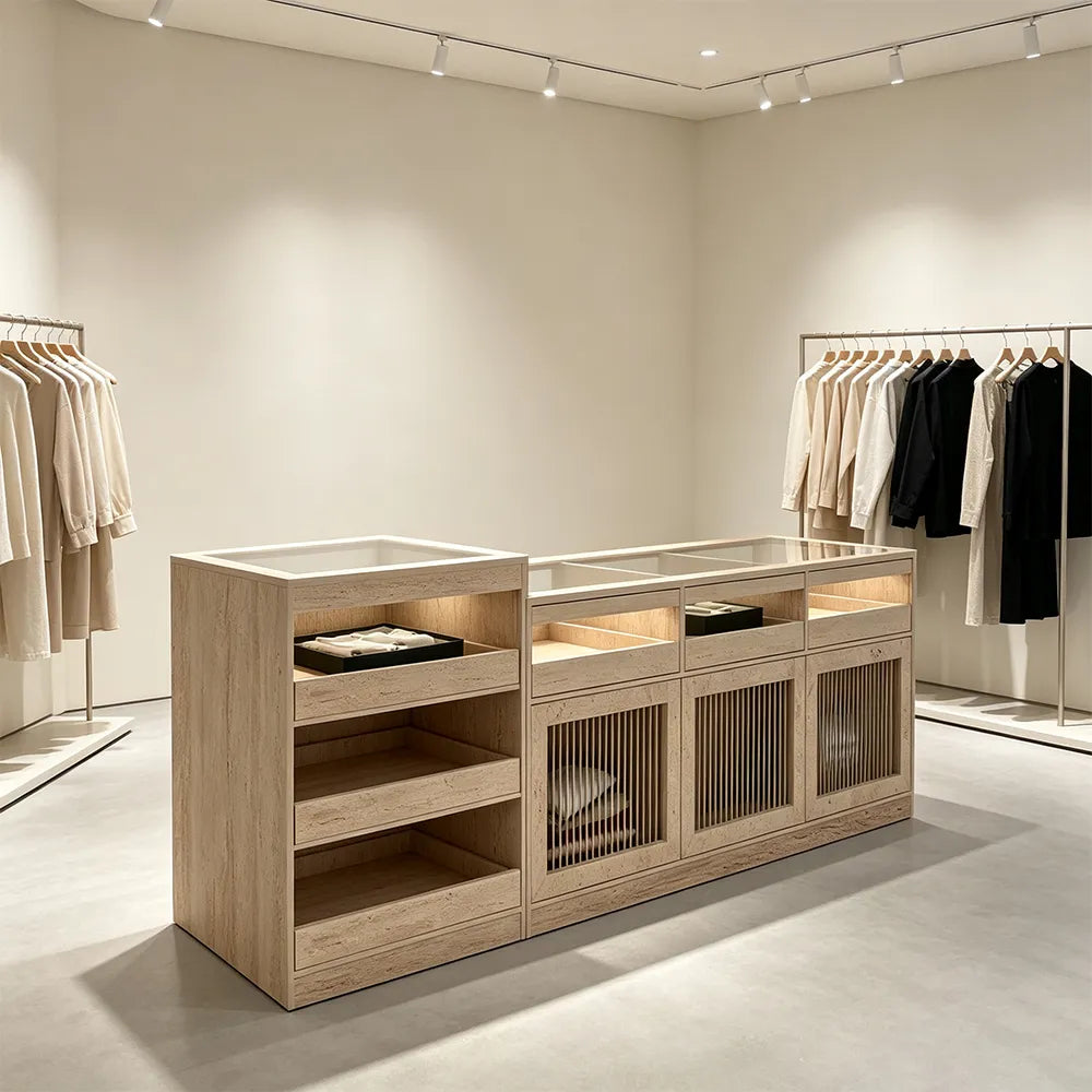 LIVARA 120/180cm Retail Island Display Cabinet with Tempered Glass and Deep Storage for Boutique & Clothing Store - Travertine