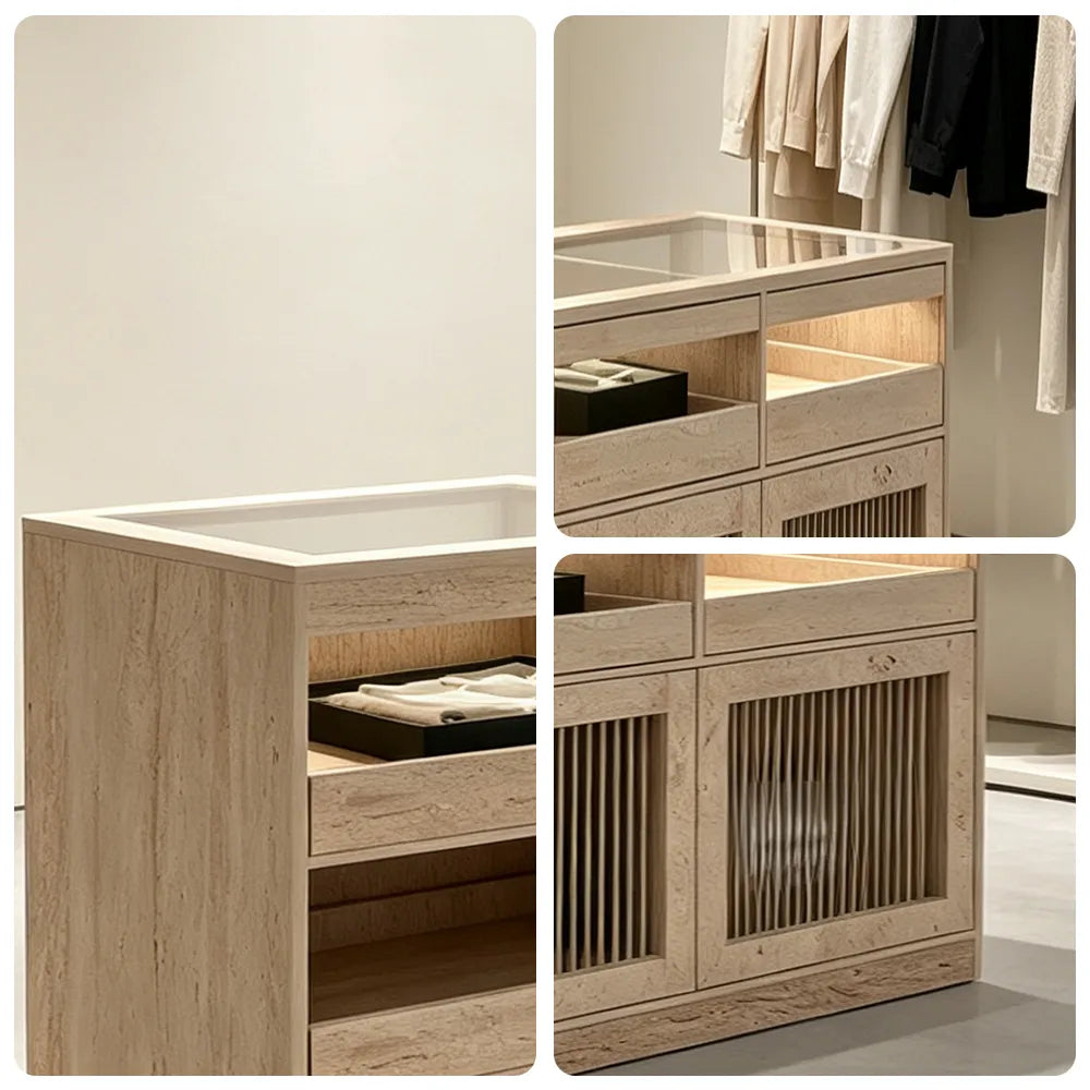 LIVARA 120/180cm Retail Island Display Cabinet with Tempered Glass and Deep Storage for Boutique & Clothing Store - Travertine