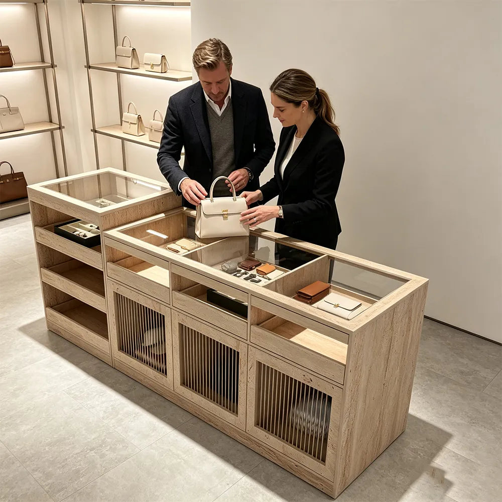 LIVARA 120/180cm Retail Island Display Cabinet with Tempered Glass and Deep Storage for Boutique & Clothing Store - Travertine