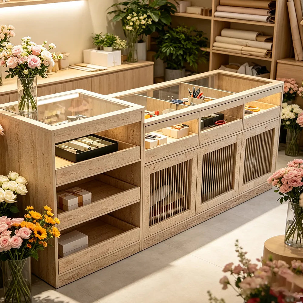 LIVARA 120/180cm Retail Island Display Cabinet with Tempered Glass and Deep Storage for Boutique & Clothing Store - Travertine