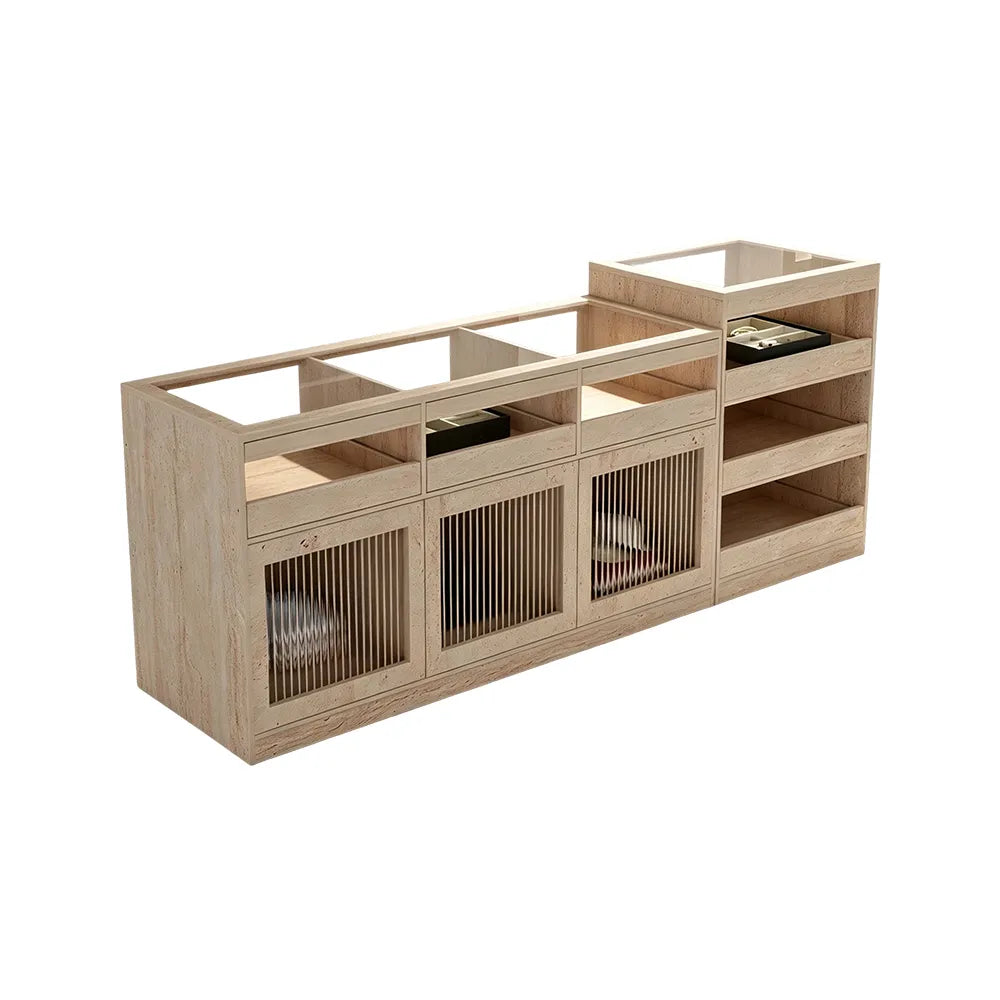 LIVARA 120/180cm Retail Island Display Cabinet with Tempered Glass and Deep Storage for Boutique & Clothing Store - Travertine