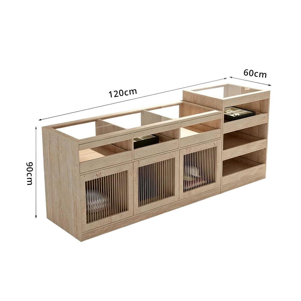LIVARA 120/180cm Retail Island Display Cabinet with Tempered Glass and Deep Storage for Boutique & Clothing Store - Travertine