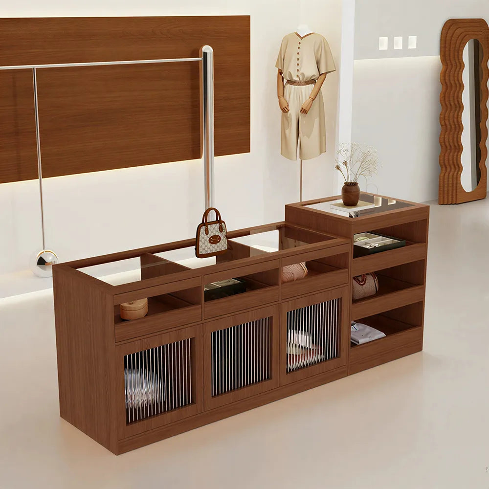 LIVARA 120/180cm Retail Island Display Cabinet with Tempered Glass and Deep Storage for Boutique & Clothing Store - Wood