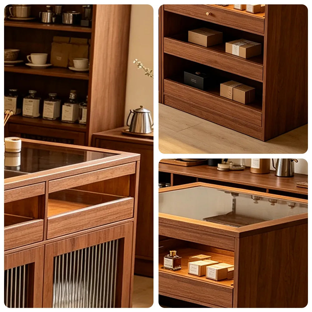 LIVARA 120/180cm Retail Island Display Cabinet with Tempered Glass and Deep Storage for Boutique & Clothing Store - Wood