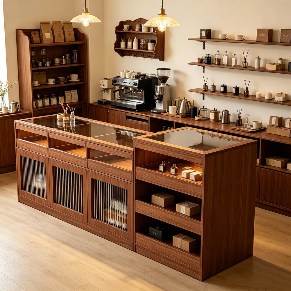 LIVARA 120/180cm Retail Island Display Cabinet with Tempered Glass and Deep Storage for Boutique & Clothing Store - Wood