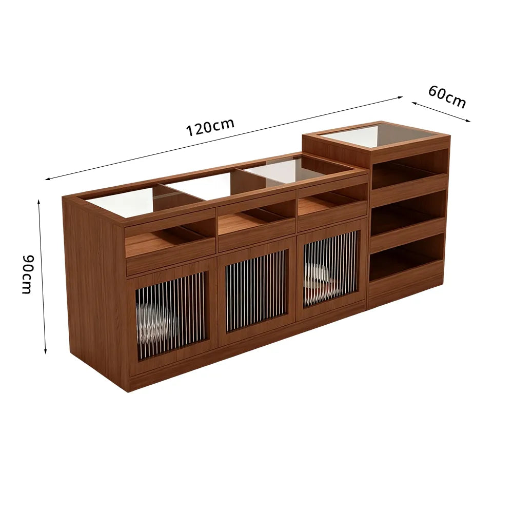 LIVARA 120/180cm Retail Island Display Cabinet with Tempered Glass and Deep Storage for Boutique & Clothing Store - Wood