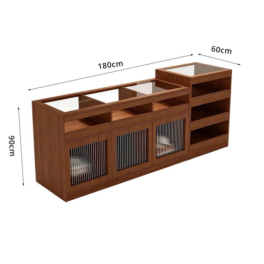 LIVARA 120/180cm Retail Island Display Cabinet with Tempered Glass and Deep Storage for Boutique & Clothing Store - Wood