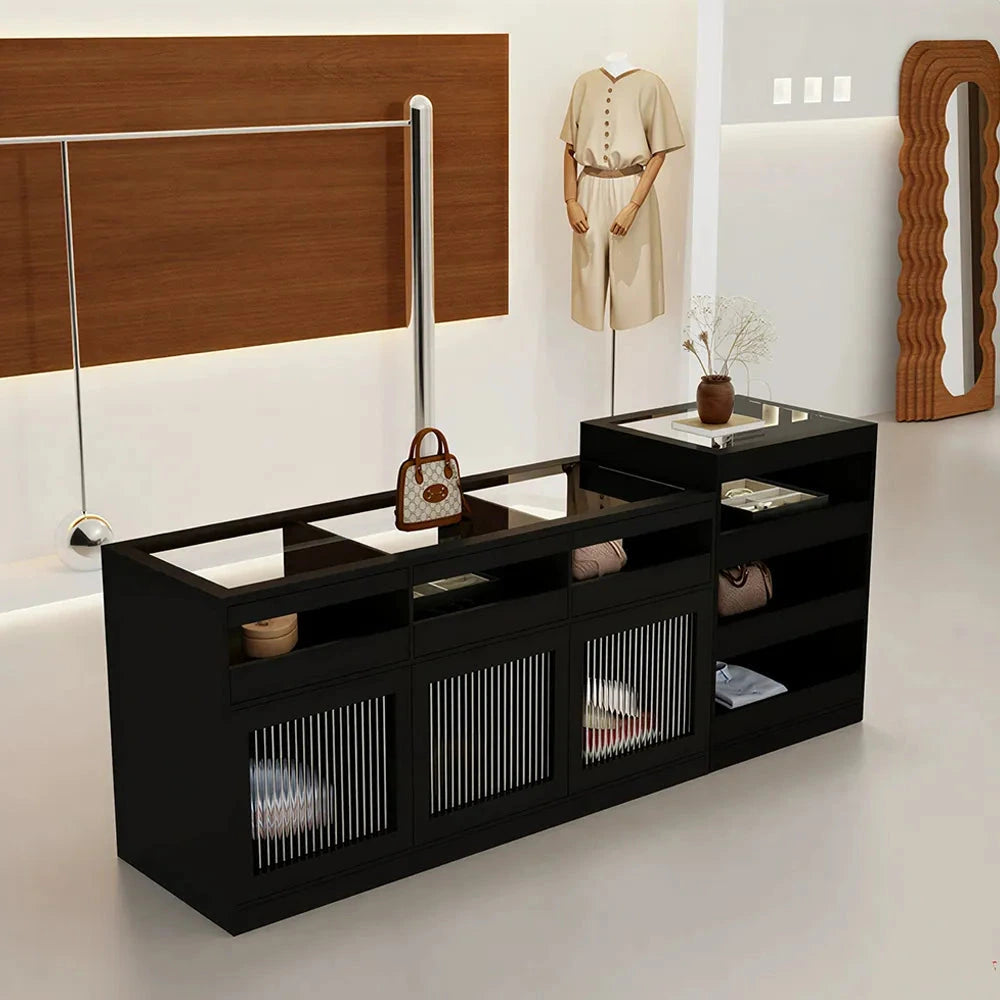 LIVARA 120/180cm Retail Island Display Cabinet with Tempered Glass and Deep Storage for Boutique & Clothing Store - Black