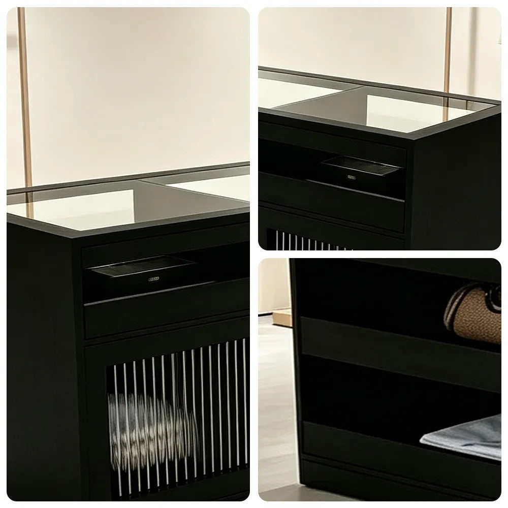 LIVARA 120/180cm Retail Island Display Cabinet with Tempered Glass and Deep Storage for Boutique & Clothing Store - Black