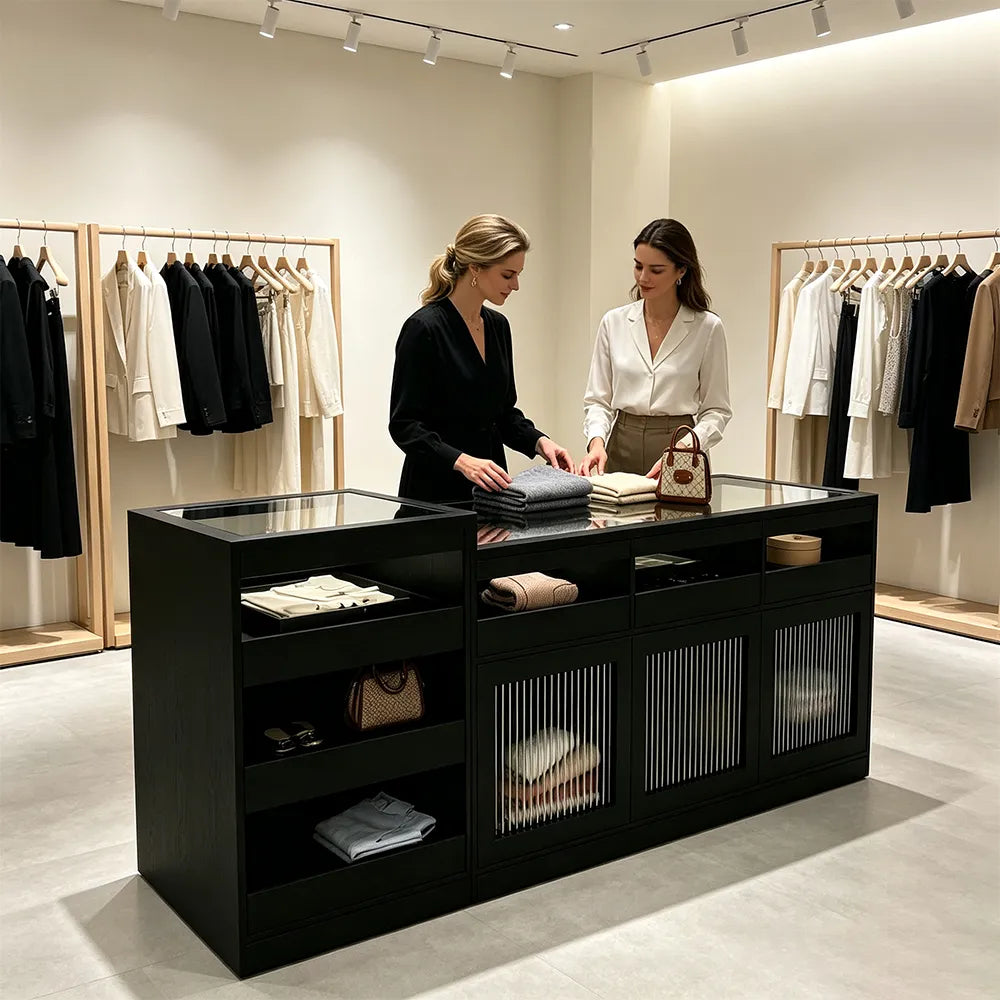 LIVARA 120/180cm Retail Island Display Cabinet with Tempered Glass and Deep Storage for Boutique & Clothing Store - Black