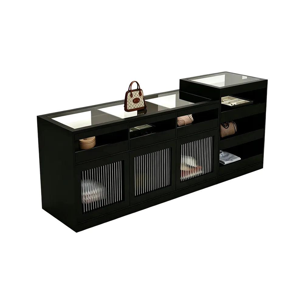 LIVARA 120/180cm Retail Island Display Cabinet with Tempered Glass and Deep Storage for Boutique & Clothing Store - Black