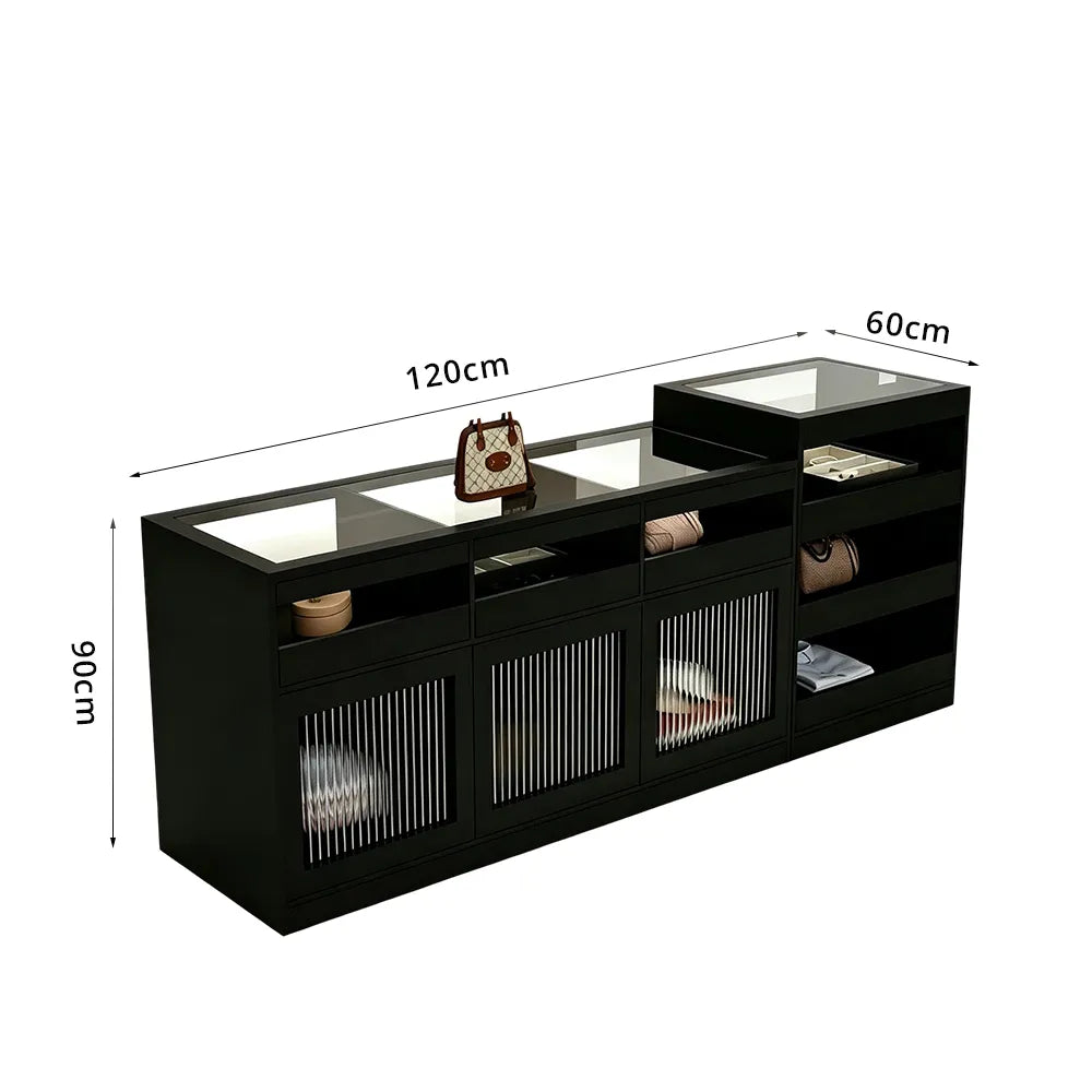 LIVARA 120/180cm Retail Island Display Cabinet with Tempered Glass and Deep Storage for Boutique & Clothing Store - Black