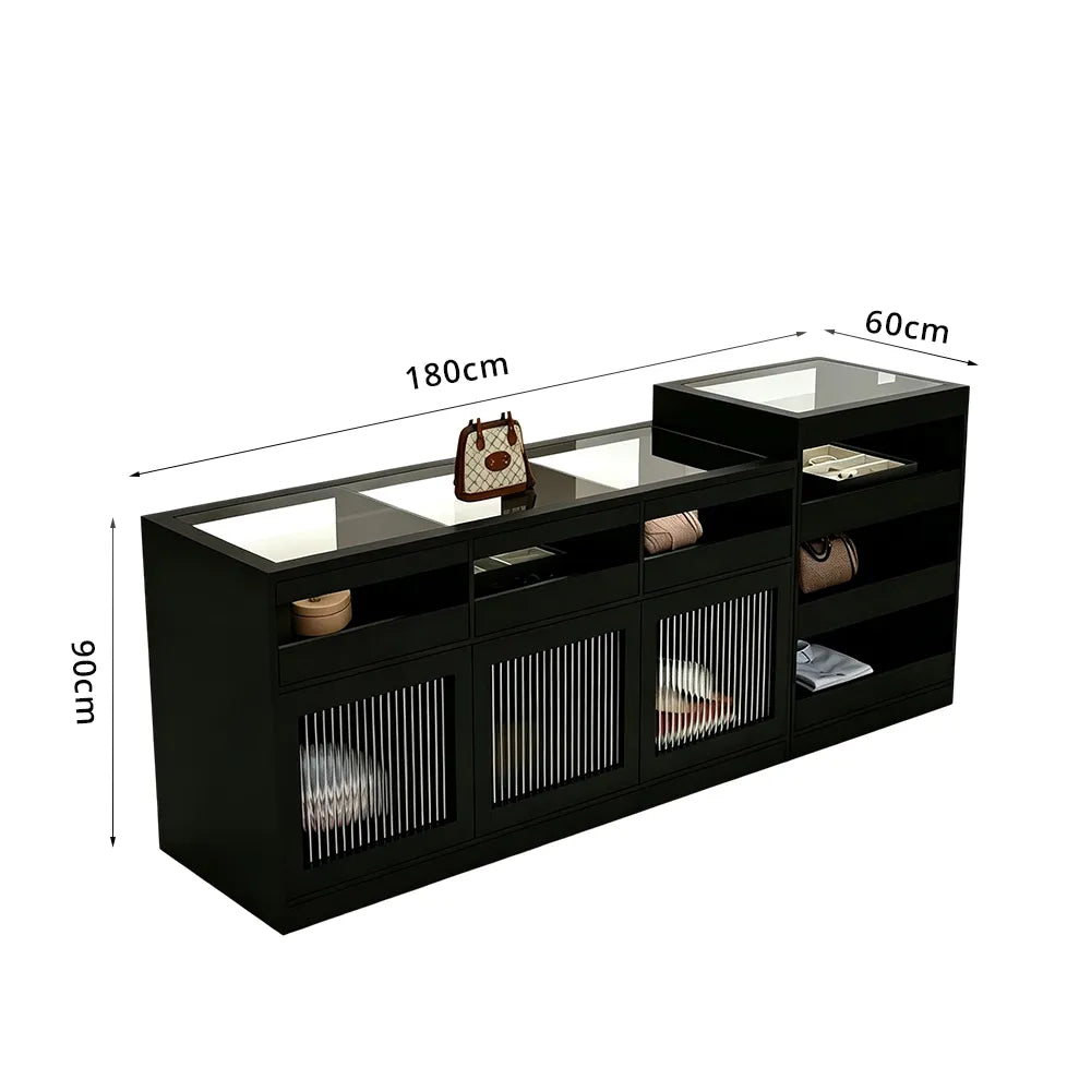 LIVARA 120/180cm Retail Island Display Cabinet with Tempered Glass and Deep Storage for Boutique & Clothing Store - Black