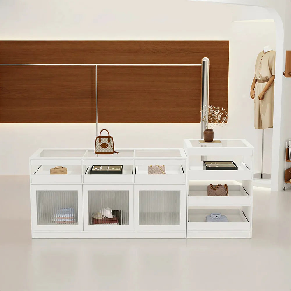 LIVARA 120/180cm Retail Island Display Cabinet with Tempered Glass and Deep Storage for Boutique & Clothing Store - White