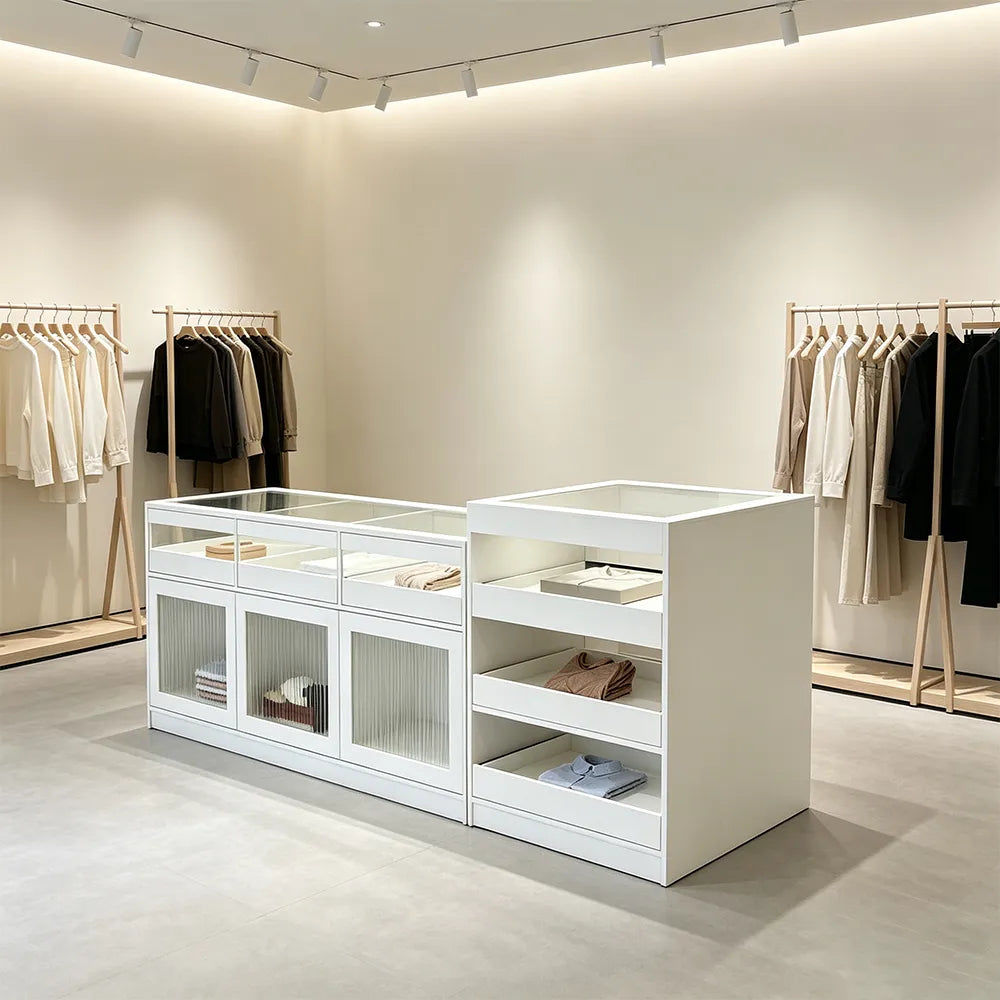 LIVARA 120/180cm Retail Island Display Cabinet with Tempered Glass and Deep Storage for Boutique & Clothing Store - White
