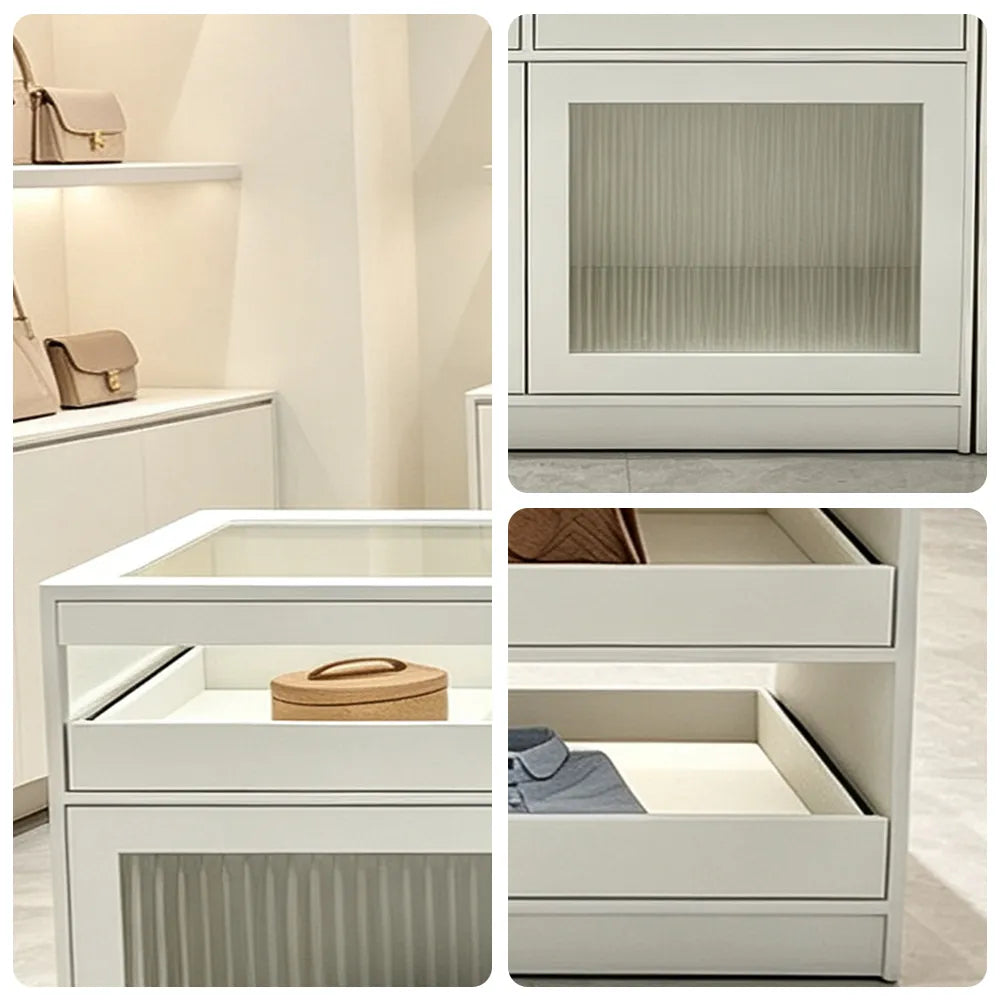 LIVARA 120/180cm Retail Island Display Cabinet with Tempered Glass and Deep Storage for Boutique & Clothing Store - White