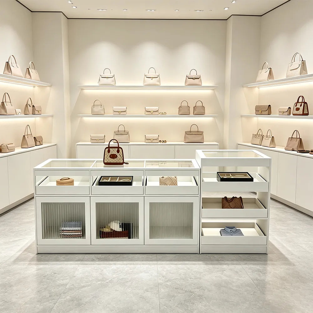 LIVARA 120/180cm Retail Island Display Cabinet with Tempered Glass and Deep Storage for Boutique & Clothing Store - White