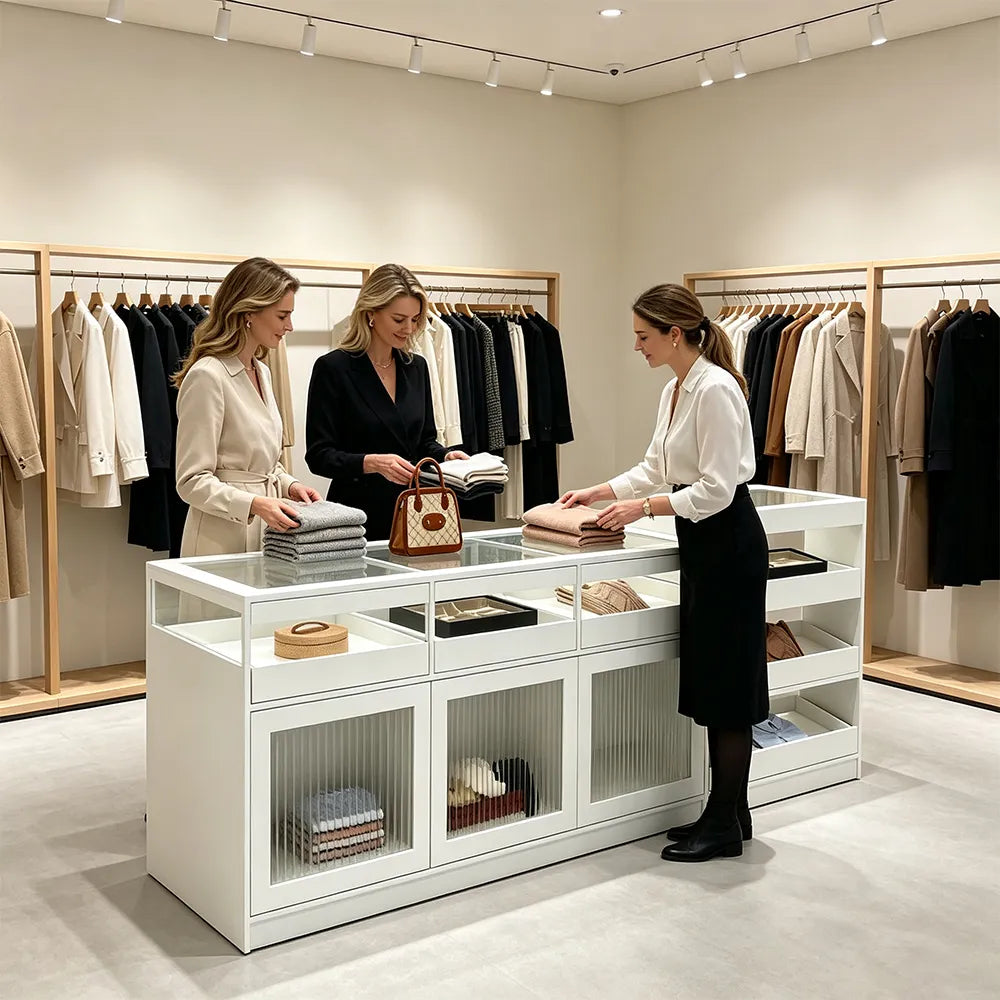 LIVARA 120/180cm Retail Island Display Cabinet with Tempered Glass and Deep Storage for Boutique & Clothing Store - White